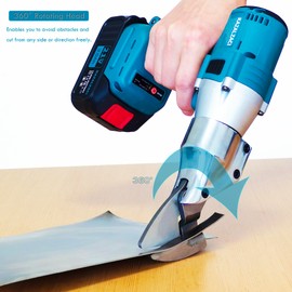 Cordless Metal Cutting Shears, Electric Metal Shears Swivel Head for Curve/Straight/Round Cutting Over Sheets of Iron, Steel,Carpet, Leather, Cardboard with 2Packs 3.0Ah Battery