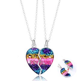 Magnetic Bestie Friendship Necklaces for 2 Girls BFF Glitter Sequin Heart Rainbow Necklaces for Best Friend Birthday Christmas Xmas Gifts for Bestie Matching Necklace Set