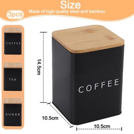 LOSYHU 1.6 Litres Tea Coffee & Sugar Canisters Set of 3, Kitchen Canister Set with Airtight Bamboo Lid, Coffee and Tea Storage Jars Kitchen Storage Tins (Black, Square)