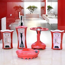 LUANT 5 Piece Bathroom Accessories Set, Collection Bath Set Features Soap Dispenser, Toothbrush Holder, Tumbler, & Soap Dish (RED)