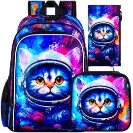 gxtvo 3PCS Girls Cat Backpack, 16" Kids Bookbag with Lunch Box, Water Resistant School Bag for Elementary Prechool Toddler