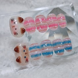 Cozy cat handmade nail tips - Blue / 포근한 고양이 수제네일팁 - 블루
