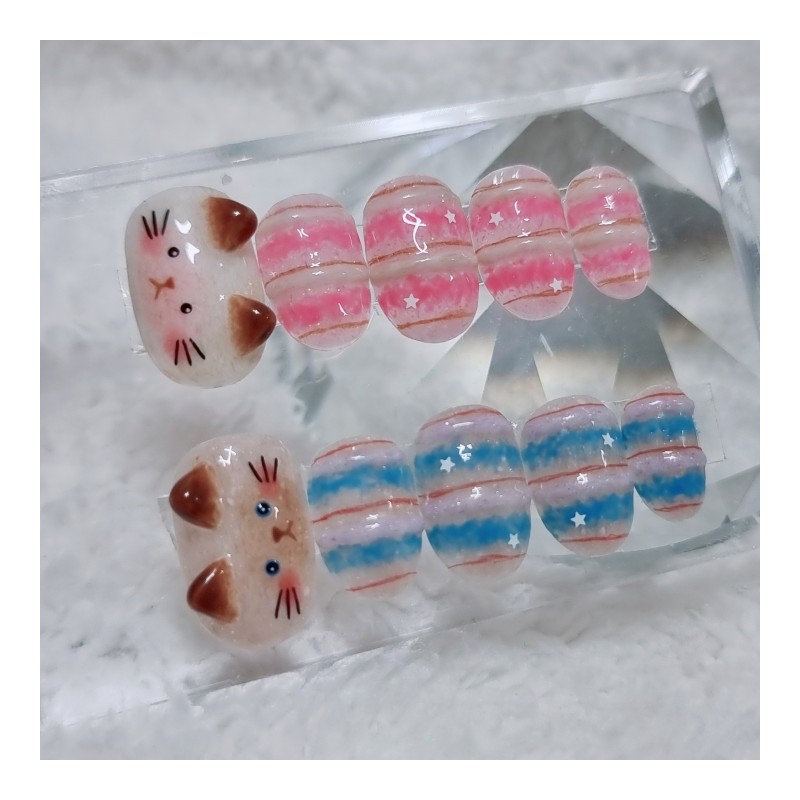 Cozy cat handmade nail tips - Blue / 포근한 고양이