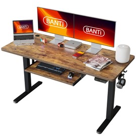 BANTI 55" x 24" Height Adjustable Electric Standing Desk with Keyboard Tray, Sit Stand up Desk with Splice Board, Black Frame/Rustic Brown Top