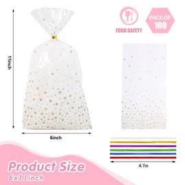 SOMIOCO 100Pcs Clear Cello Cellophane Treat Bags Gift Wrap Goodie Bags 6X11IN Gold Star For Party Favors Candy Cookie with Twist Tie- Birthday,Wedding,Baby Shower,Bridal Shower...