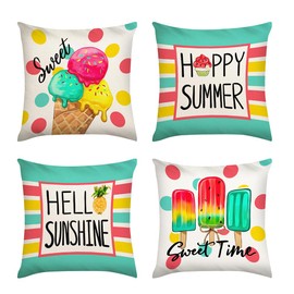 Summer Pillow Covers 18x18, Icecream Popsicle Hello Sunshine Pillow Case, Happy Summer Cushion Covers, Green Cushion Covers for Holiday Home Seasonal Farmhouse Decor, 4 Pack
