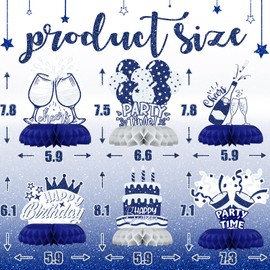 Blue Sliver Party Decorations, 12Pcs Blue Sliver Honeycomb Birthday Decorations, Elegant Blue Sliver Table Toppers Party Decorations for Women, Perfect Birthday Table Decorations