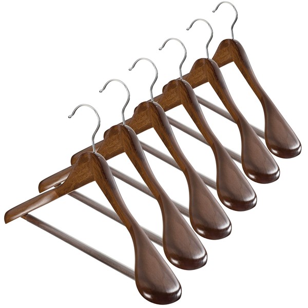 High-Grade Wide Shoulder Wooden Hangers 10 Pack with Non Slip Pants Bar - Smooth Finish Solid Wood Suit Hanger Coat Hanger, Holds upto 20lbs, 360° Swivel Hook, for Dress, Jacket, Heavy Clothes Hangers