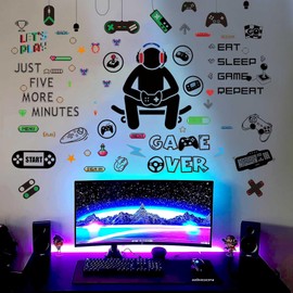 Gamer Wall Decals Stickers, Gaming Room Decor Wall Stickers - Game Controller and Icon Elements, DIY Customizable, PVC Material, Easy to Install, Removable, 6x Wall Decals