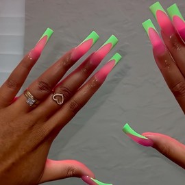 Curved Nail Tips Long Press on Nails Square French Tip Fake Nails Neon Green&Pink False Nails Guava Unique Stick on Nails Cool Glue on Nails for Women Girls 24Pcs
