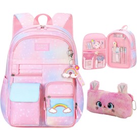 pisyae Girls Backpack,Rainbow Backpack for Girls-Kawaii Pink School Bookbag, Lightweight Large Capacity Kids Backpack for Travel & Daily Use