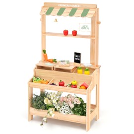 PairPear Wooden Mud Grocery Stand, 2-in-1 Outdoor Market Stand & Mud Kitchen for Kids Outdoor, Montessori Pretend Play Toy with 14 Accessories, Cash Register & Play Food, Ages 3+