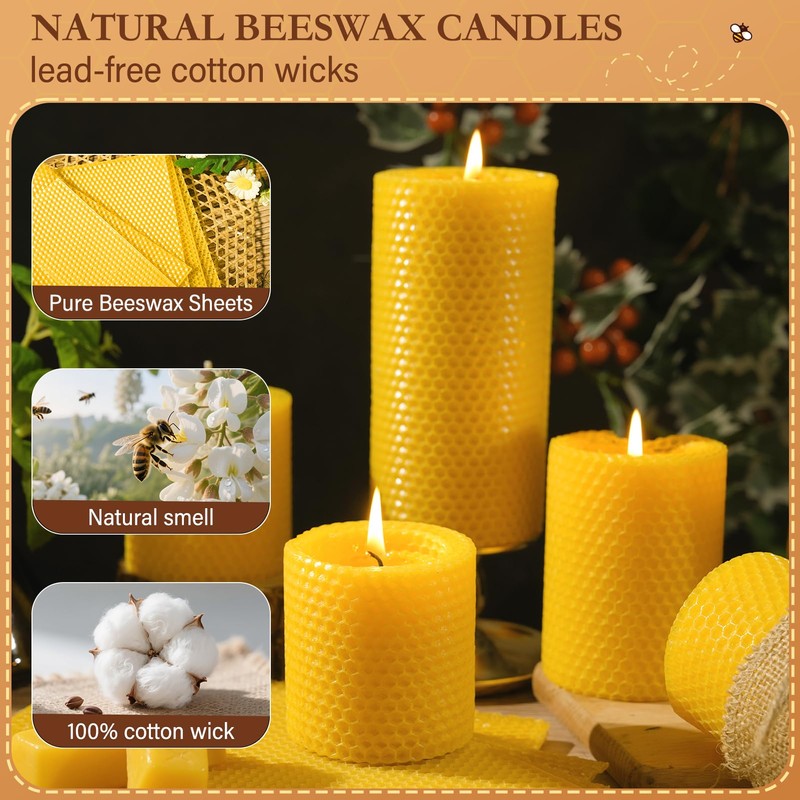 3 Pack Beeswax Pillar Candles Set,100 Hours All Natural Beeswax