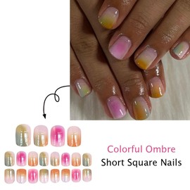Short Square Rainbow Gradient Press on Nails Pink Ombre Acrylic Fake Nails Glossy Candy Colored False Nails Purple Blooming Stick on Nails Color Gel Glue on Nails for Coquette Women Girls 24 Pcs