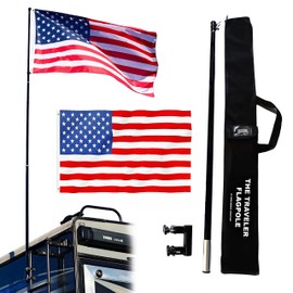 The Traveler RV Ladder Flag Pole Kit. Includes Steel RV Flagpole Mount, Fits Standard 1" RV Ladders, 11ft Fiberglass Retractable Pole, A Beautiful 3'x5' US Flag And A Storage Bag.