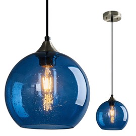 LBSQJ Blue Glass Pendant Lights Kitchen Island Lighting Globe Pendant Light Fixtures Modern Pendant Lighting for Kitchen Island Bedroom Living Dining Room Light Fixture(7.87in, 1-Pack)