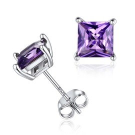 ChicSilver Princess Cut Purple Amethyst Gemstone Stud Earrings for Women 925 Sterling Silver Small Square February Birthstone Ear Studs Jewelry Hypoallergenic
