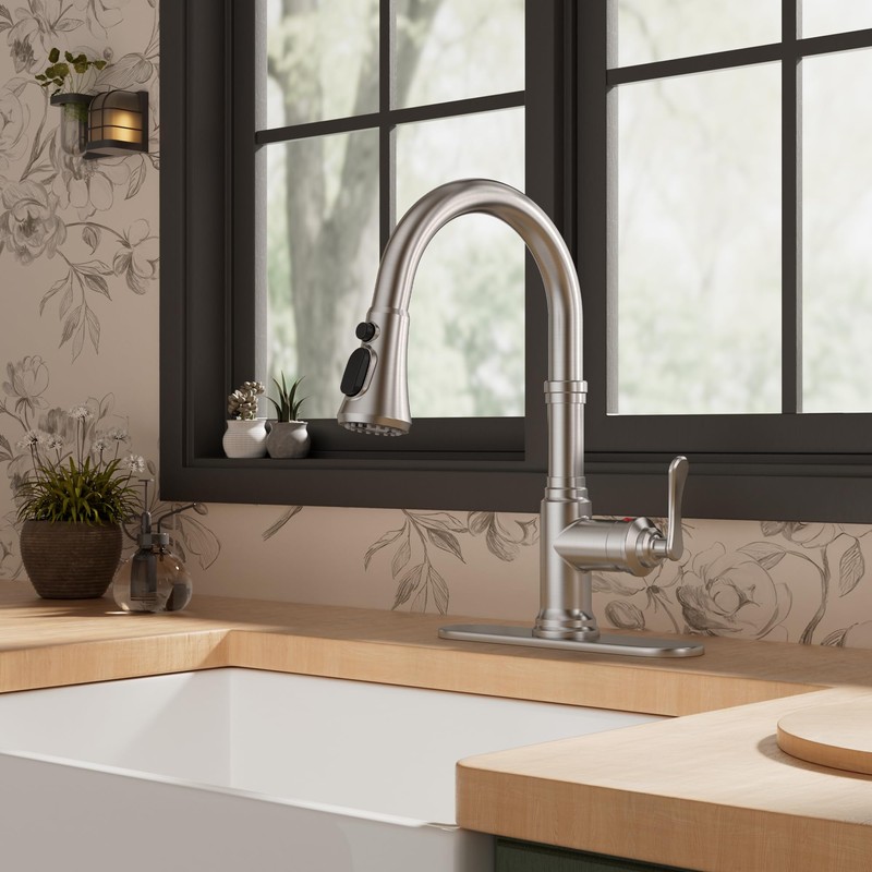 FORIOUS Antique Kitchen Faucets with Pull Down Sprayer Brushed Nickel,