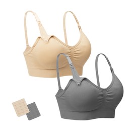 Stelle Nursing Bras Maternity Bra for Breastfeeding Pregnancy Wireless Bralette with Pads, Extenders (Gray+Beige,S)