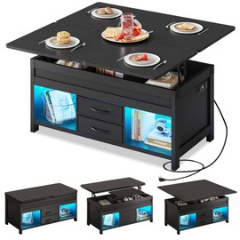 WLIVE 40" Lift Top Coffee Table, 4 in 1 Coffee Tables with Storage, 2 Fabric Drawers, LED Light and USB, Modern Coffee Table with Hidden Compartment for Living Room, Dining Room, Black
