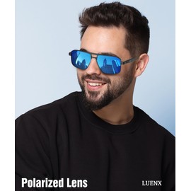 LUENX Sunglasses for Men Square Polarized Polygon Shades Driving UV 400 Protection 60mm- Blue Lens Black Metal Frame Glossy Temple