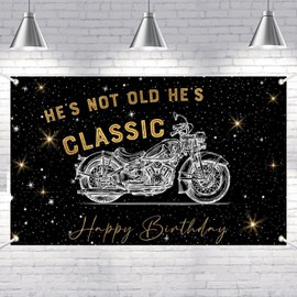 Lofaris Banner - 70.8x43.3 Inch Polyester Motorcycle Birthday Party Decoration, Classic Black and Gold Design with “He’s Not Old He’s Classic” Theme