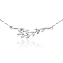 Sideways Crosses Polished 925 Sterling Silver Double Olive Branch Pendant Necklace with White CZ, 22"