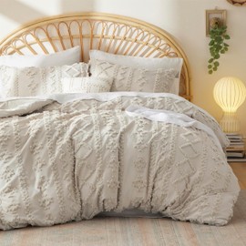 Bedsure Boho Duvet Cover Queen Size - Tufted Duvet Cover Queen Set for All Seasons, 3 Pieces Soft Shabby Chic Embroidery Boho Bedding, Comforter Not Included (Linen, 90" x 90")