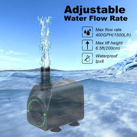 Zoronk Fountain Pump 400GPH Submersible Water Pump Ultra Quiet for Fountain, Pond, Aquarium, Hydroponic with 10ft power cord