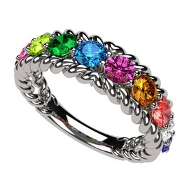 Central Diamond Center Rope Mothers Ring 1 to 10 Simulated Birthstones - Sterling Silver - Platinum Plated - Size 8.5