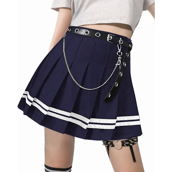 Punk Cross Print Dark Mini Skirts Chain Belt Black Uniform