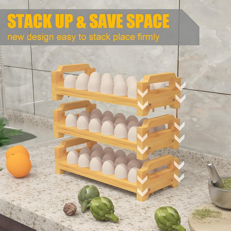 Bamboo Egg Holder & Storage - Stackable Large Capacity Organizer,
