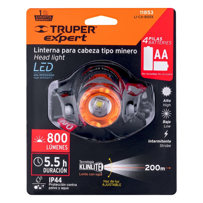 TRUPER LI-CA-800X, Linterna para cabeza, 4 pilas AA, 800 lúmenes,