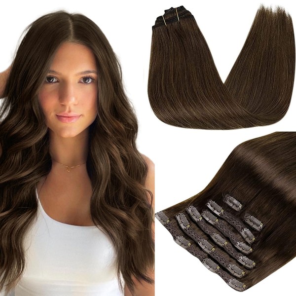 RUNATURE Real Hair Clip-In Brown Hair Extensions, Real Hair Clip-in Chocolate Brown Clip Extensions, Real Long Hair, 55 cm, 120 g #4