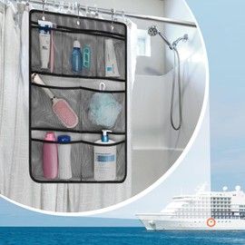 F-color Cruise Essentials 2026 - Mesh Shower Organizer Hanging with 7 Pockets for RV Gym Camping, Quick-Dry Portable Toiletry Bag with Metal Hooks for Bathroom Travel Toiletries, Black