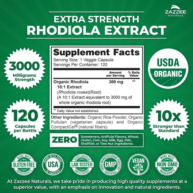 Zazzee USDA Organic Rhodiola 10:1 Exract, 3000 mg Strength, 120
