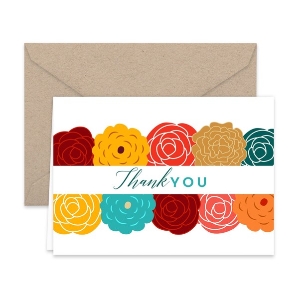 Paper Frenzy Vibrant Fall Floral Thank You Note Cards and Kraft Envelopes - 25 pack