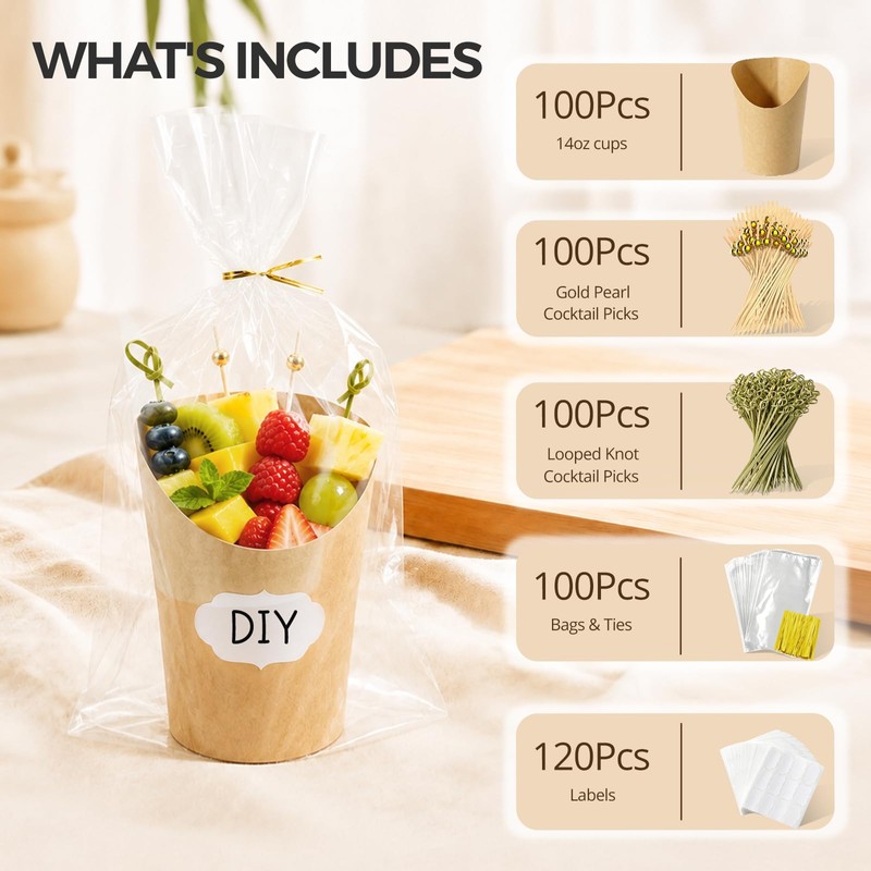100 Pcs Charcuterie Cups with Sticks 14oz French Fries Holder