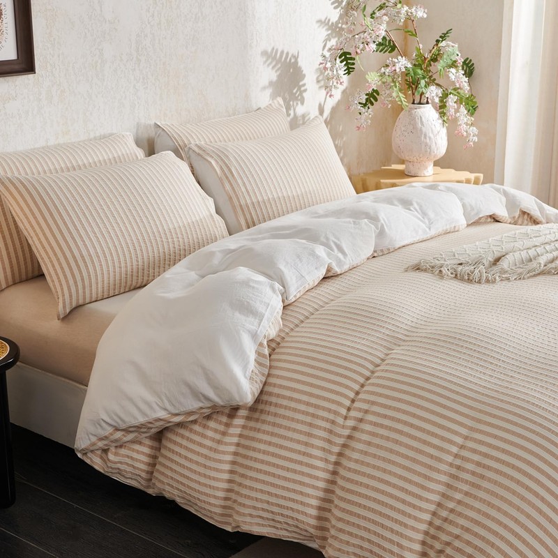 BUPIRD Queen Size Comforter Set Beige Striped 100% Soft Washed