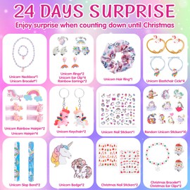 Girls Advent Calendar 2024 Kids- Unicorn Christmas Advent Calendar for Girls Age 3 4 5 6 7 8 9 10 Xmas 24 Days Countdown Calendar Surprise Gift Toys with Unicorn Hair Accessories Sticker Keyring Rings