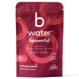 B Water - Bpowerful Daily Tabletas Efervescentes Rehidratantes | Tabletas Para Rehidratar Con Vitaminas C, E y B7, Leucina | Sin Cafeína | Energía Renovada | Sabor Granada Fresa | 12 Sobres