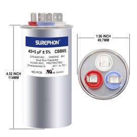 SUREPHON 45+5 45/5 Mfd Capacitor 370V or 440V Dual Run Start Capacitor CBB65r CBB65b for AC Motor or Fan Start Condenser Straight