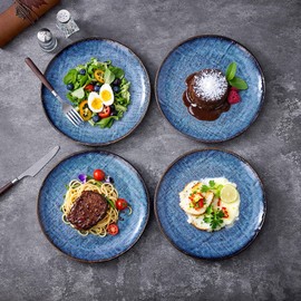 TAUFIKT Ceramic Dinner Plates Set of 4, Handmade Stoneware Plate Set for 4,10 Inch Round Porcelain Pasta and Salad Plates, Deep Ellipse Dishes for Home Decor, Ideal Christmas Gift, Blue