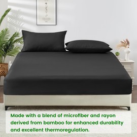 LINENOVA 3-Piece Bamboo Fitted Sheet Set - Queen, 2000TC Ultra Soft & Breathable, Ideal for Hot Sleepers 40cm Deep Pocket, Includes 2 Pillowcases (48x74cm) - Black