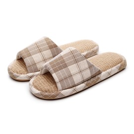 Ohmyk Plaid Linen Slippers for Four Seasons, Anti-Slip, Breathable, Khaki
