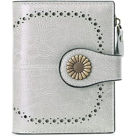 Small Womens Wallet Leather Bifold Card Holder RFID Blocking with Zipper Coin Pocket - Color: 1-Wax-Grey