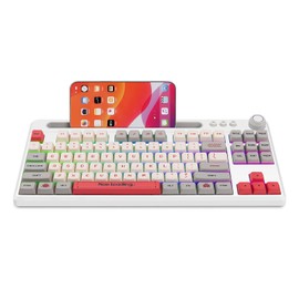 lakewei DK8701 75% Hot Swappable Mechanical Keyboard with Phone Holder, 3 BT5.1 Wired & Wireless Gaming Keyboard with RGB Backlit, PBT Keycaps, White Clicky Switch for PC Mobile Gamer and Typing