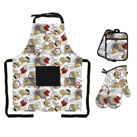 MIJOTEX 5Pcs Set Apron, Oven Mitts and Pot Holders BBQ Gloves with Printed Designs Cooking Gloves for Cooking Baking Grilling (5-Piece Set) (5, Khaki Coffee Cups)