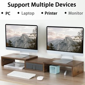 TEAMIX 3 Shelf Monitor Stand Riser with Drawer-Length and Angle Adjustable Dual Monitor Riser with Storage Corner Desk Shelf Organizer Large Computer Stand for 2 Monitors/Laptop (Brown, 1 Drawer)