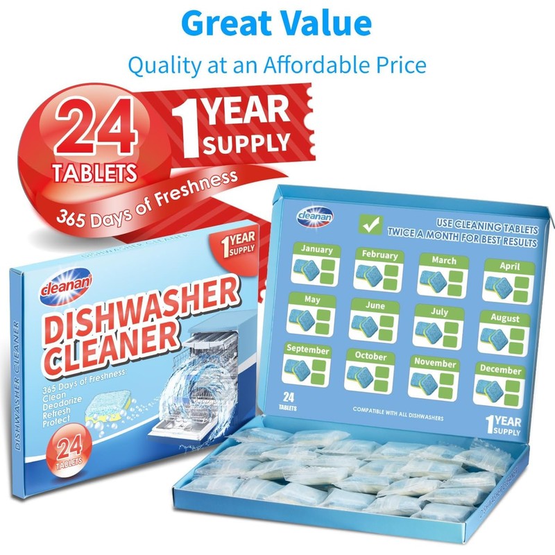 Dishwasher Cleaner and Deodorizer Tablets - 24 Pack Powerful Descaling